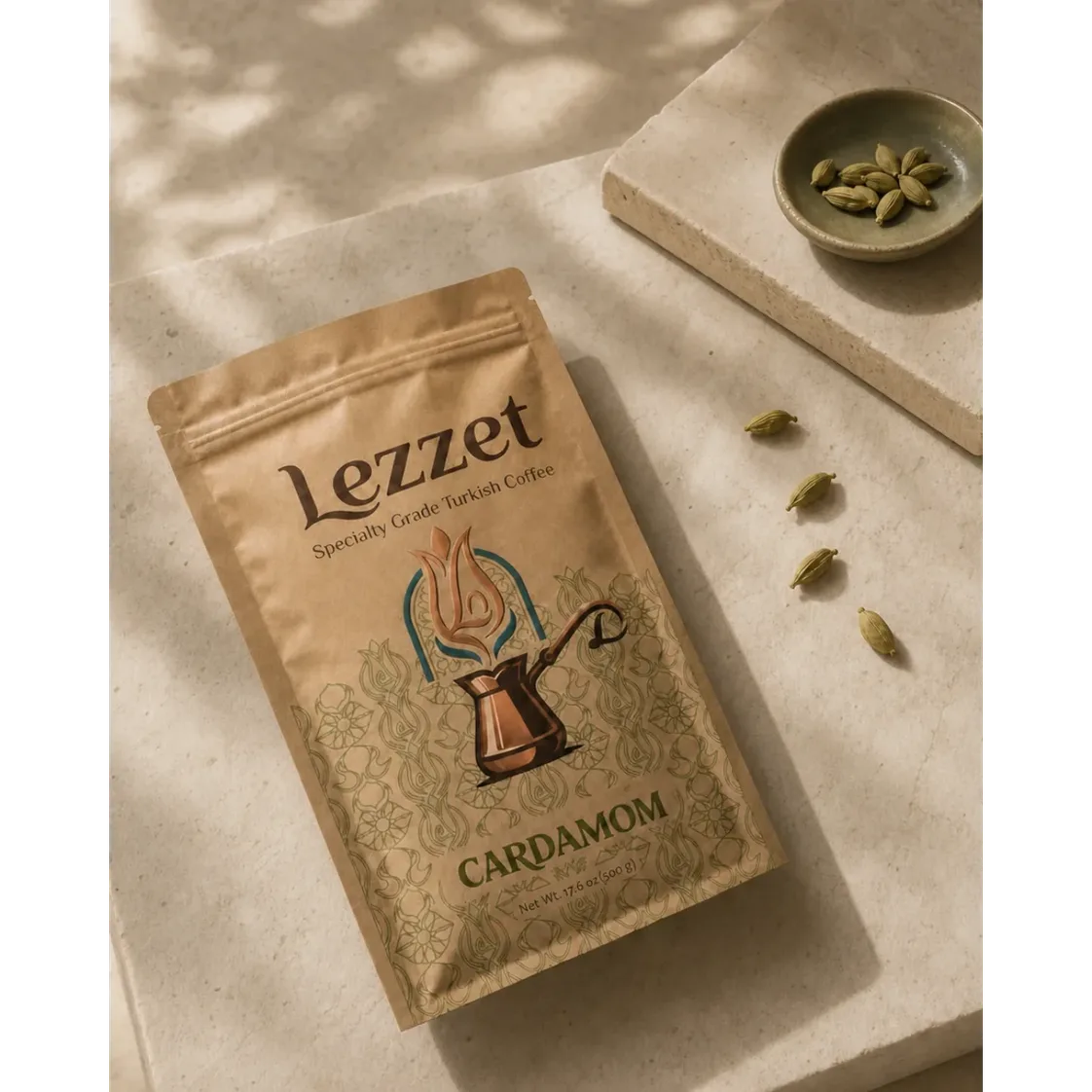 Lezzet Cardamom coffee with cardamom pods on a warm surface