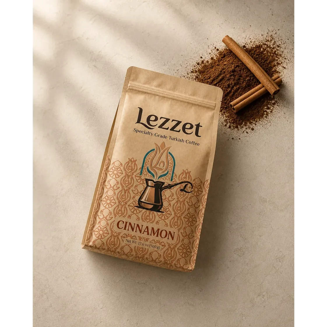 Lezzet Cinnamon coffee with cinnamon sticks on a warm surface