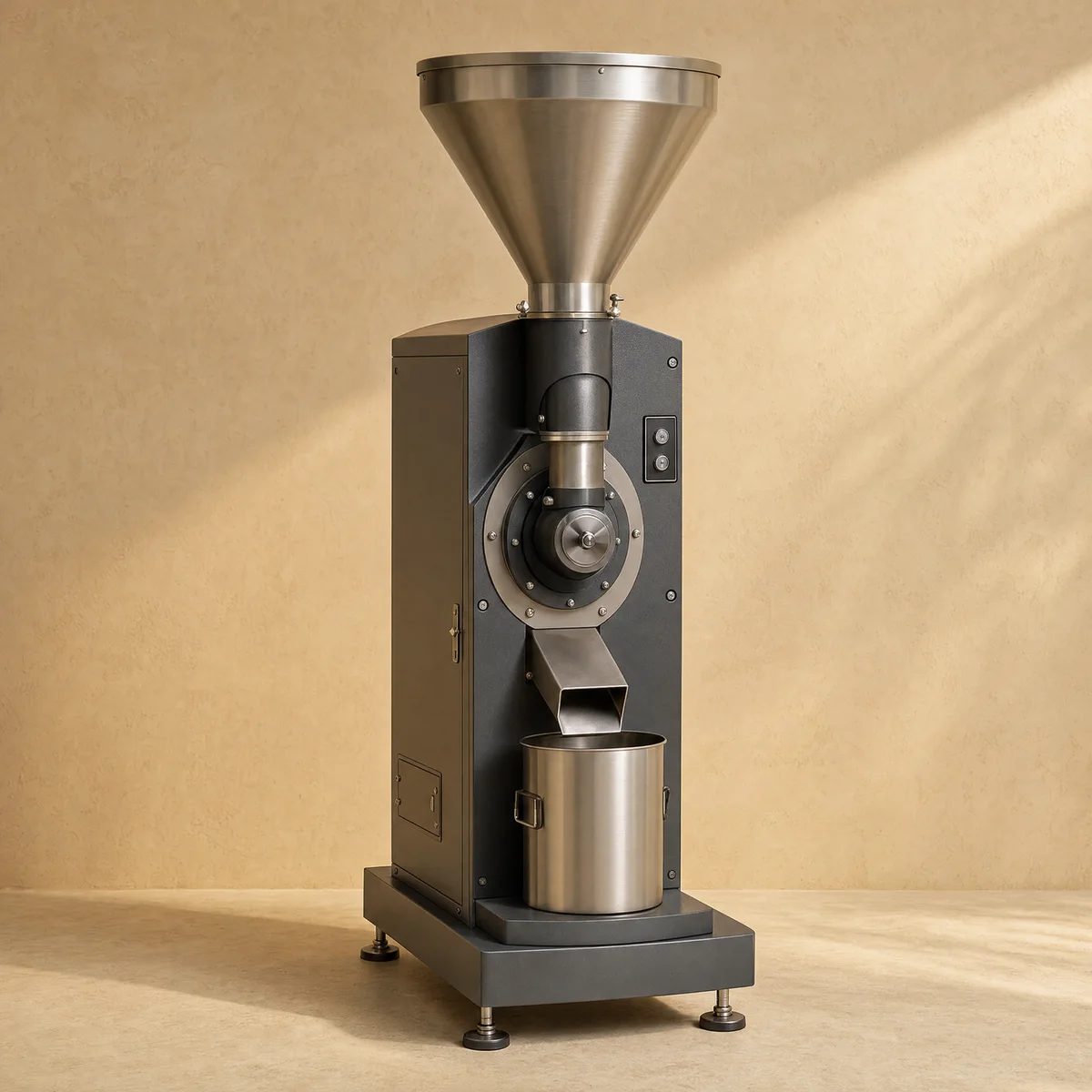 Illustrative concept of a large commercial coffee grinder with a steel hopper and collection bin