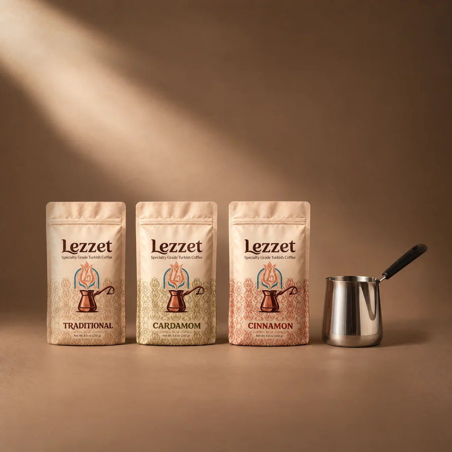 Turkish Coffee Kit, Ritual: Lezzet Traditional, Cardamom and Cinnamon 250g with the 12 oz stainless steel cezve