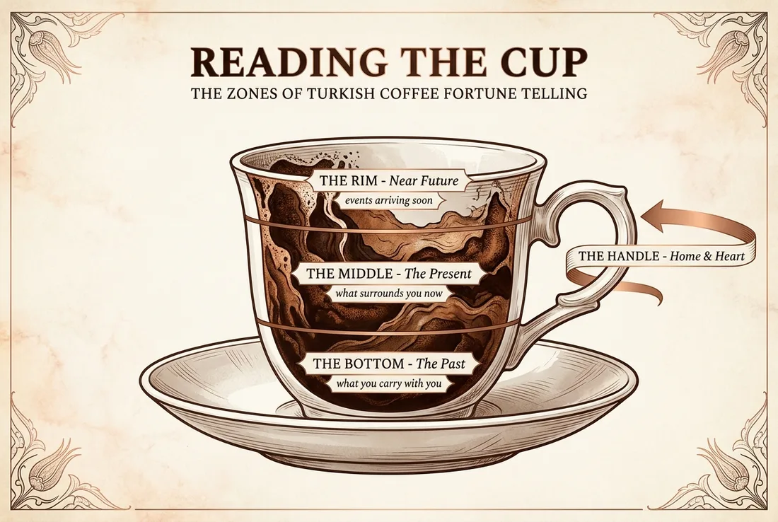 Diagram of Turkish coffee cup reading zones: the rim holds the near future, the middle the present, the bottom the past, and the handle side represents home and heart