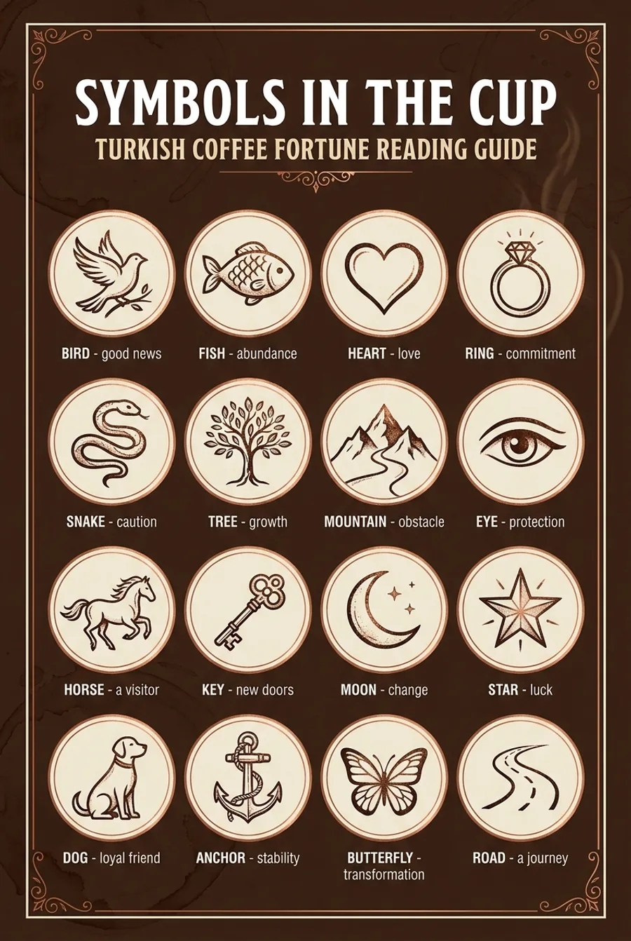 Illustrated chart of sixteen common Turkish coffee fortune reading symbols including bird for good news, fish for abundance, heart for love, snake for caution, key for new doors, and star for luck
