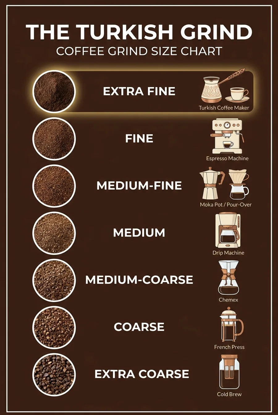 Coffee grind size chart from extra fine for Turkish coffee in the cezve, through fine for espresso, medium for drip, and coarse for French press, to extra coarse for cold brew