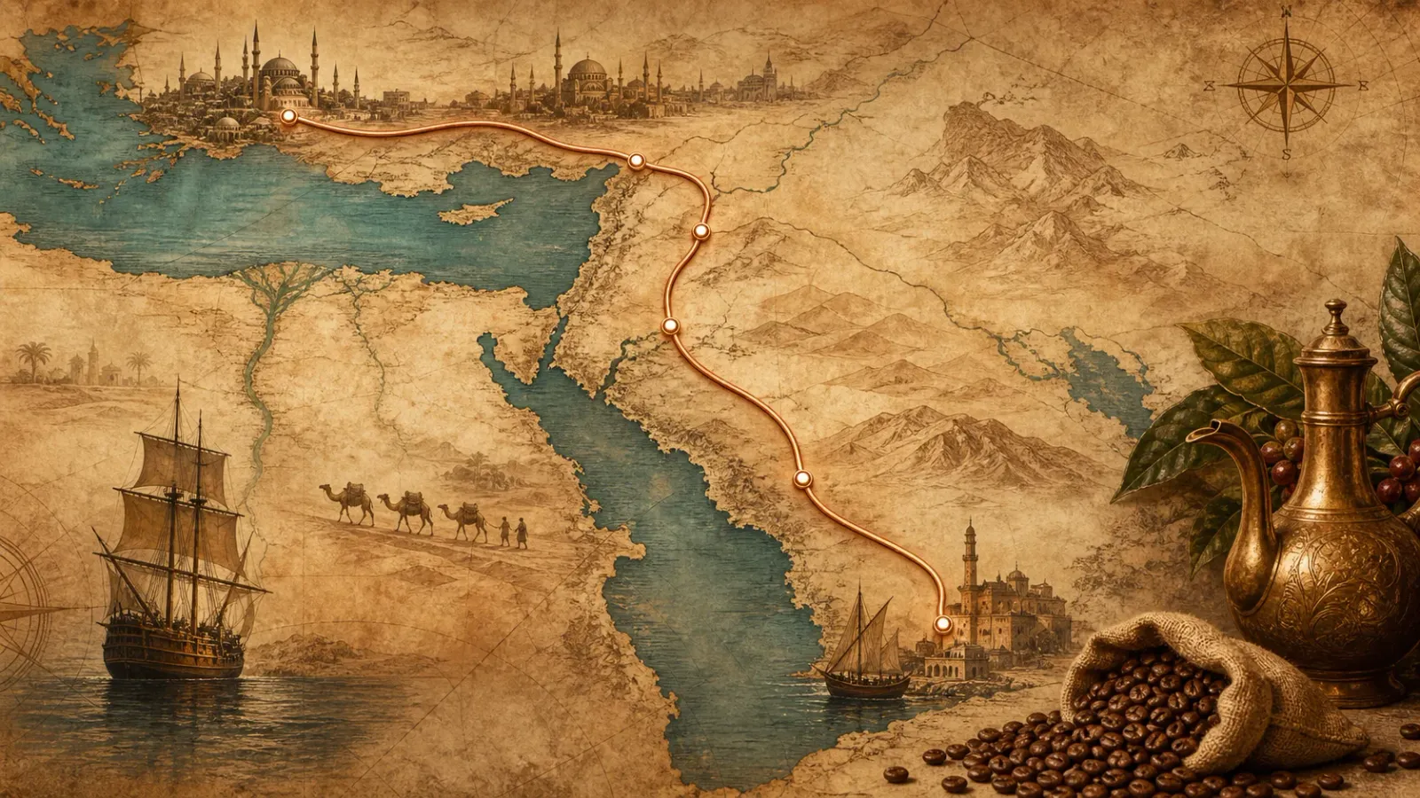 Antique Ottoman coffee trade route map with ships, caravan markers, and coffee beans