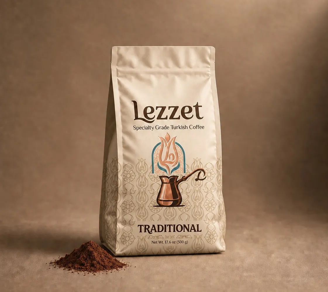 A sealed 500 g bag of Lezzet Traditional Turkish coffee