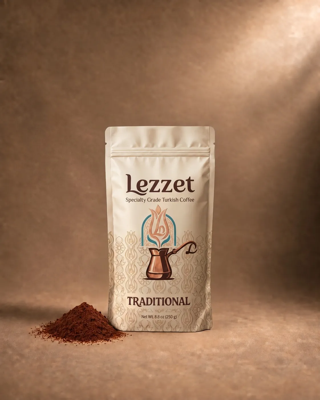 Front of a resealable Lezzet Turkish coffee bag