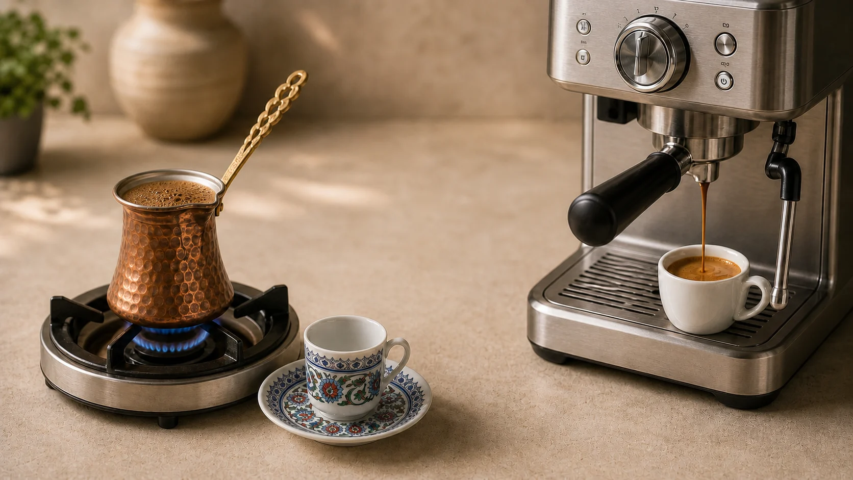 Turkish coffee foaming in a copper cezve over a low flame on the left and espresso extracting through a portafilter on the right