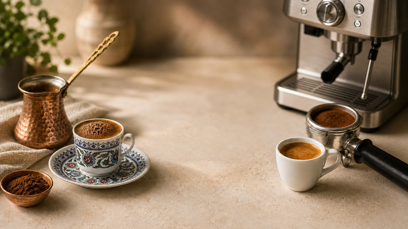 Turkish coffee with a copper cezve beside espresso and a stainless-steel espresso machine