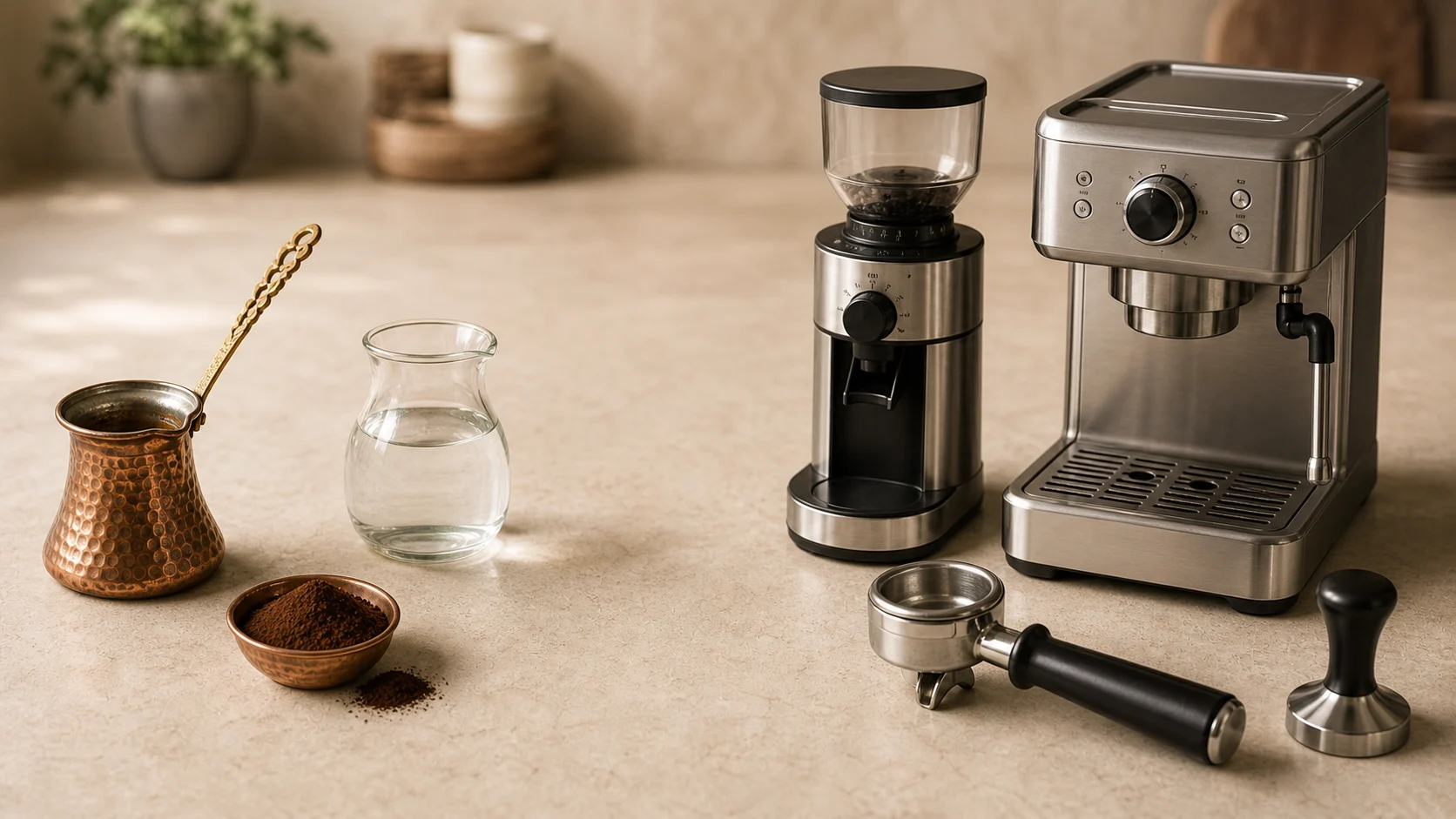 Turkish coffee tools on the left—a copper cezve, water, and powder-fine coffee—and espresso tools on the right—a grinder, machine, portafilter, and tamper