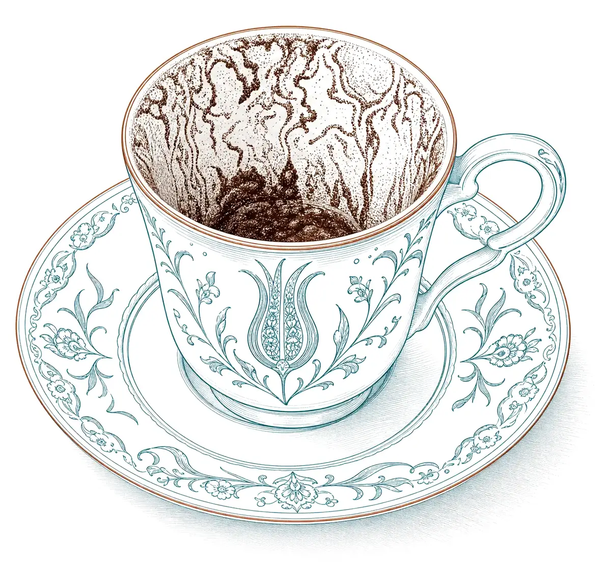 Line drawing of a Turkish coffee cup on its saucer, with coffee grounds left on the inside wall after a reading