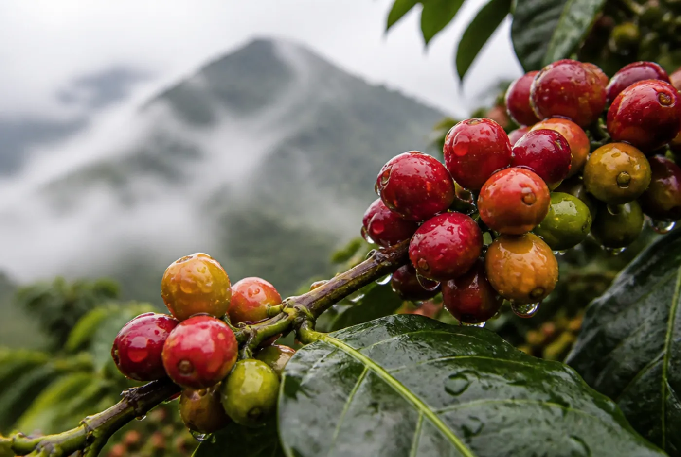 Coffee cherries ripening slowly on a cold, misty mountain branch, beaded with dew