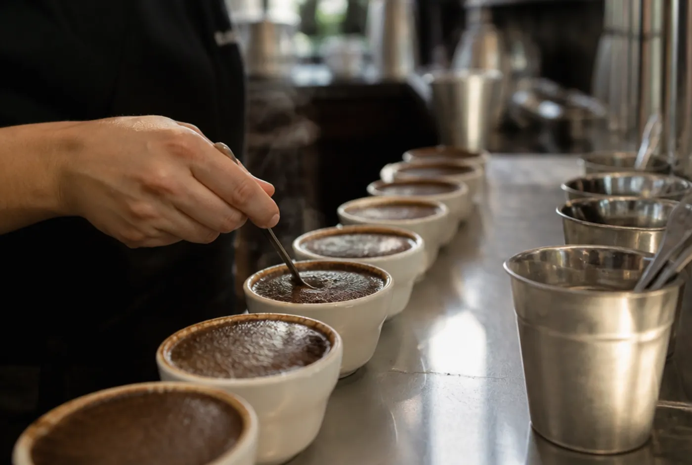 A taster breaking the crust on a row of cupping bowls, where acidity is scored