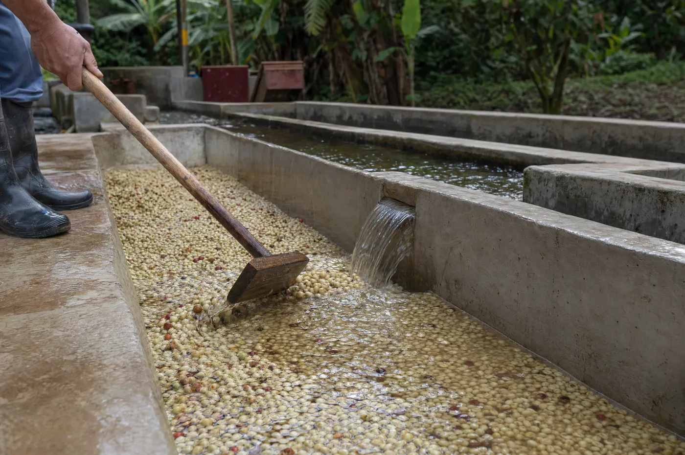 Freshly pulped coffee seeds being raked through a washing channel of clear water