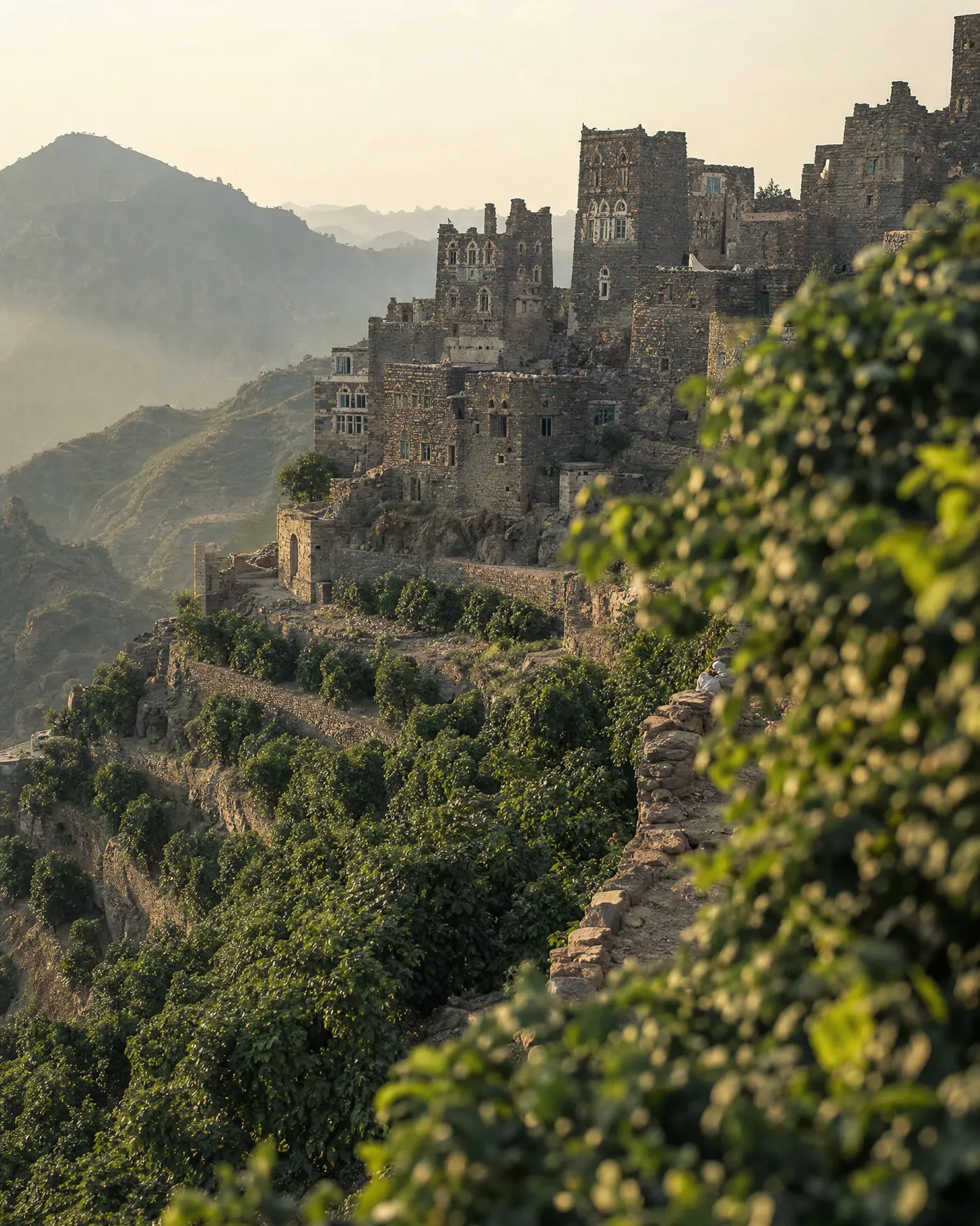 Terraced coffee shrubs climbing a Yemeni mountainside below an old stone village