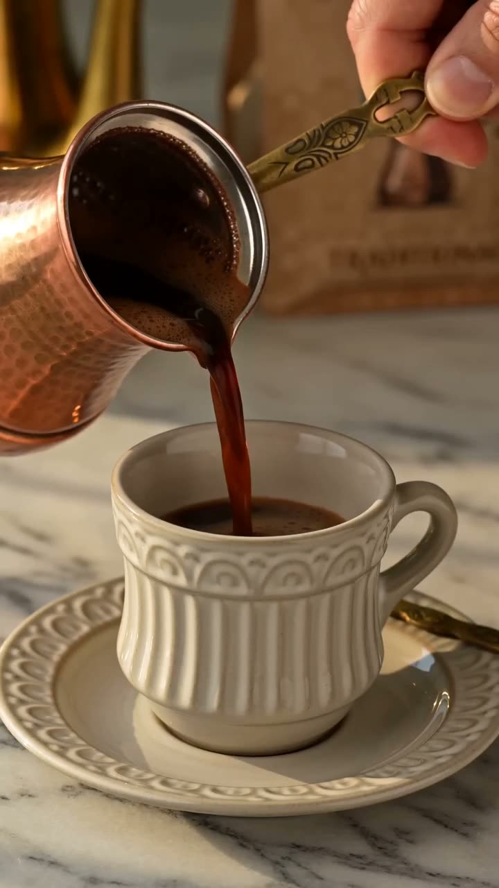 Turkish coffee poured from a cezve into a white cup