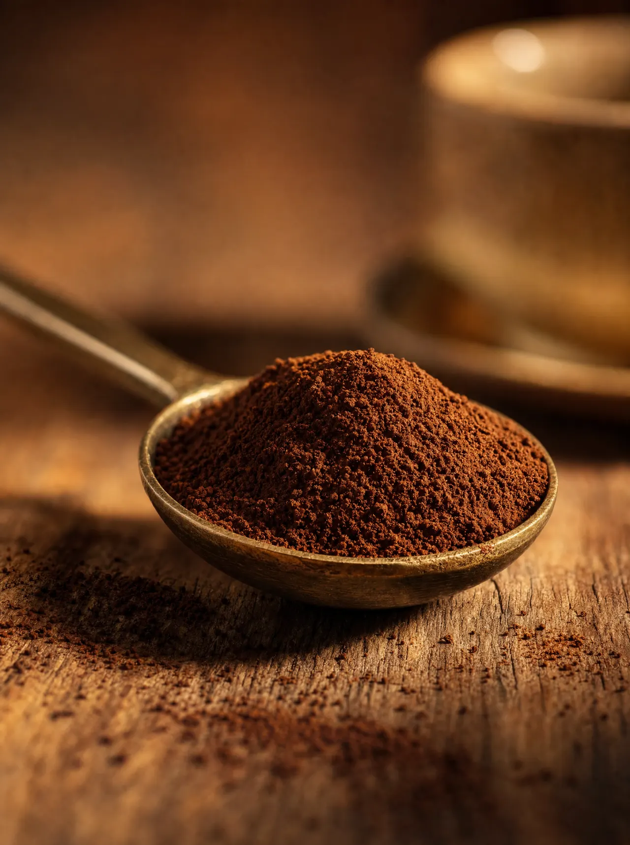 Powder-fine Turkish coffee measured in a brass spoon