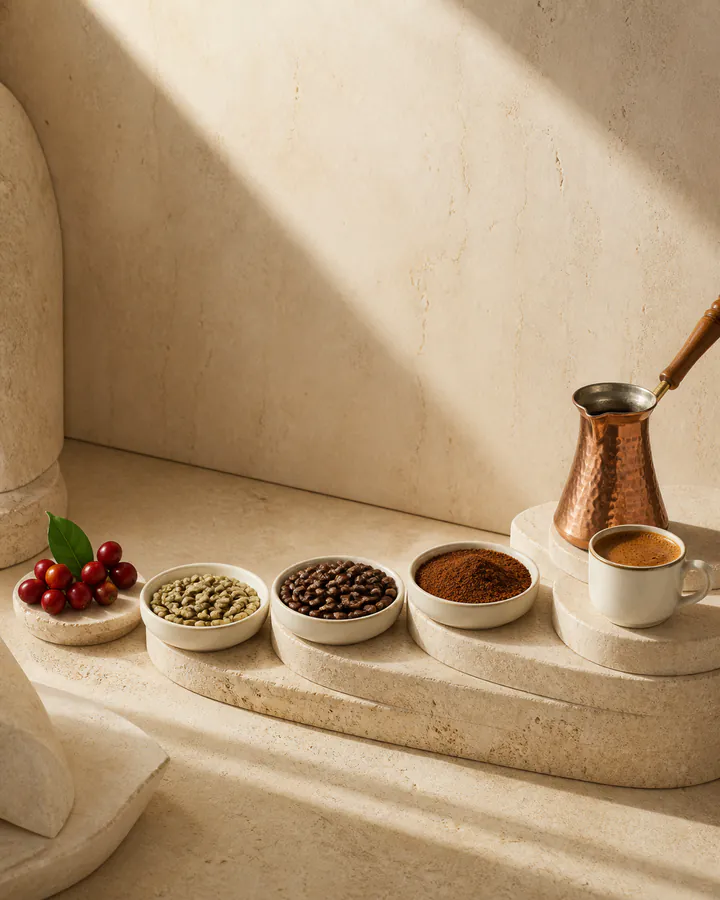 Coffee cherries, unroasted and roasted Arabica beans, powder-fine coffee, a copper cezve, and a finished cup of Turkish coffee