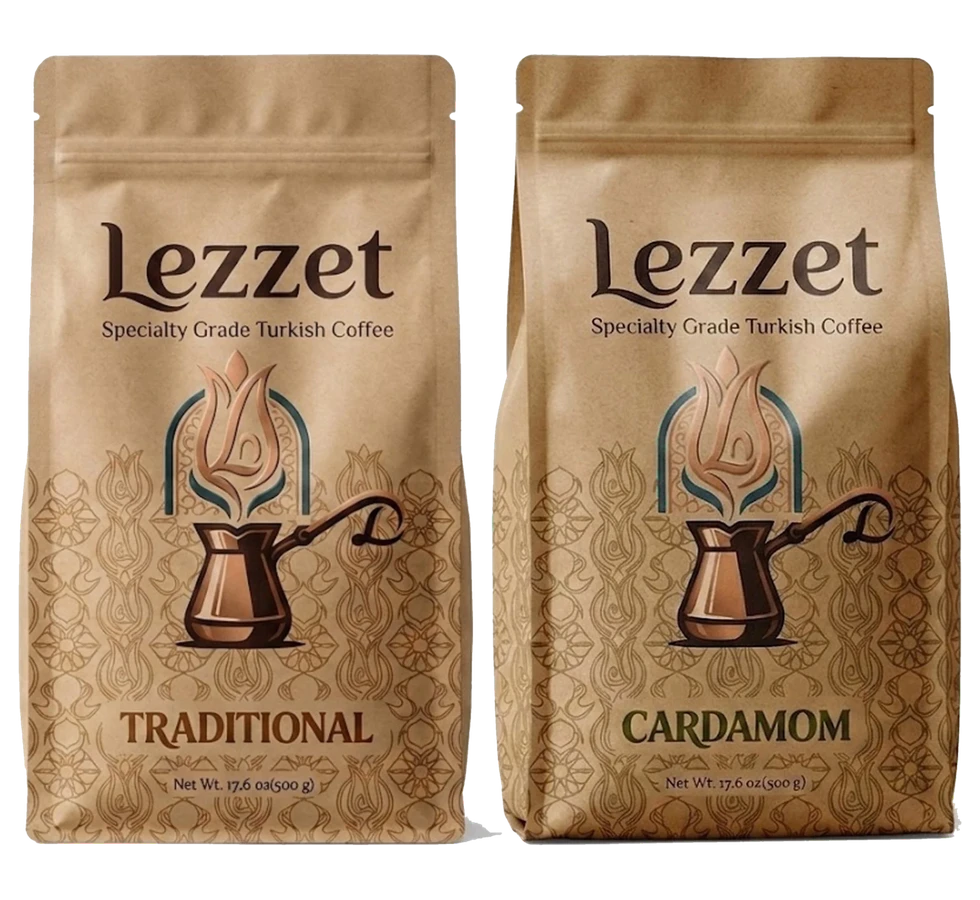 A Lezzet Traditional Turkish coffee bag beside a Cardamom Turkish coffee bag
