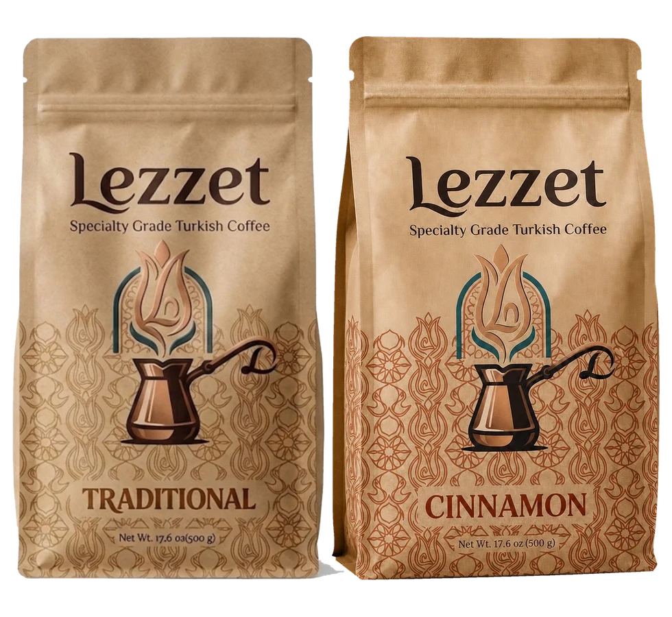 A Lezzet Traditional Turkish coffee bag beside a Cinnamon Turkish coffee bag