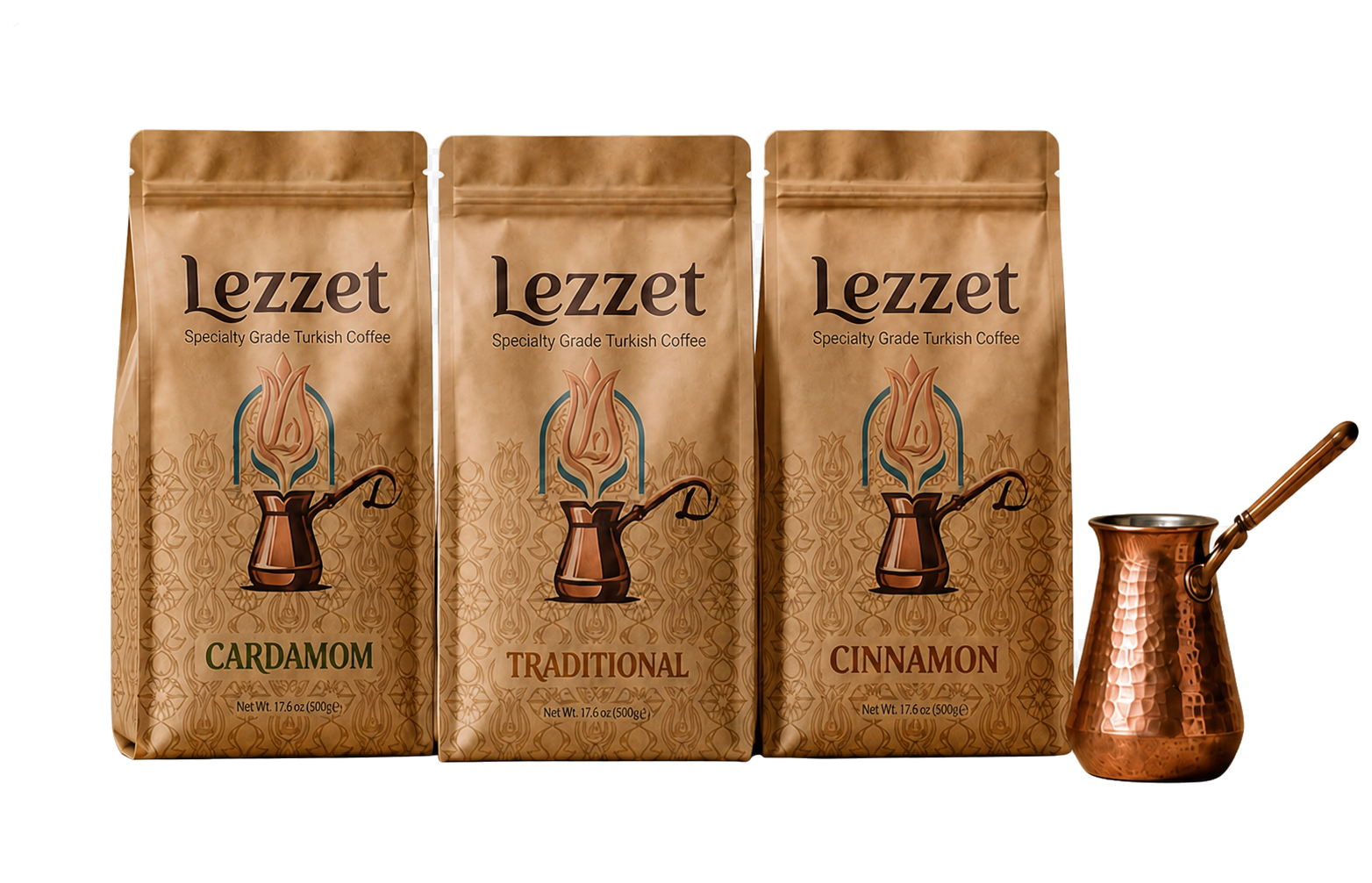 Lezzet Variety Pack with Cardamom, Traditional, and Cinnamon Turkish coffee bags beside a copper cezve