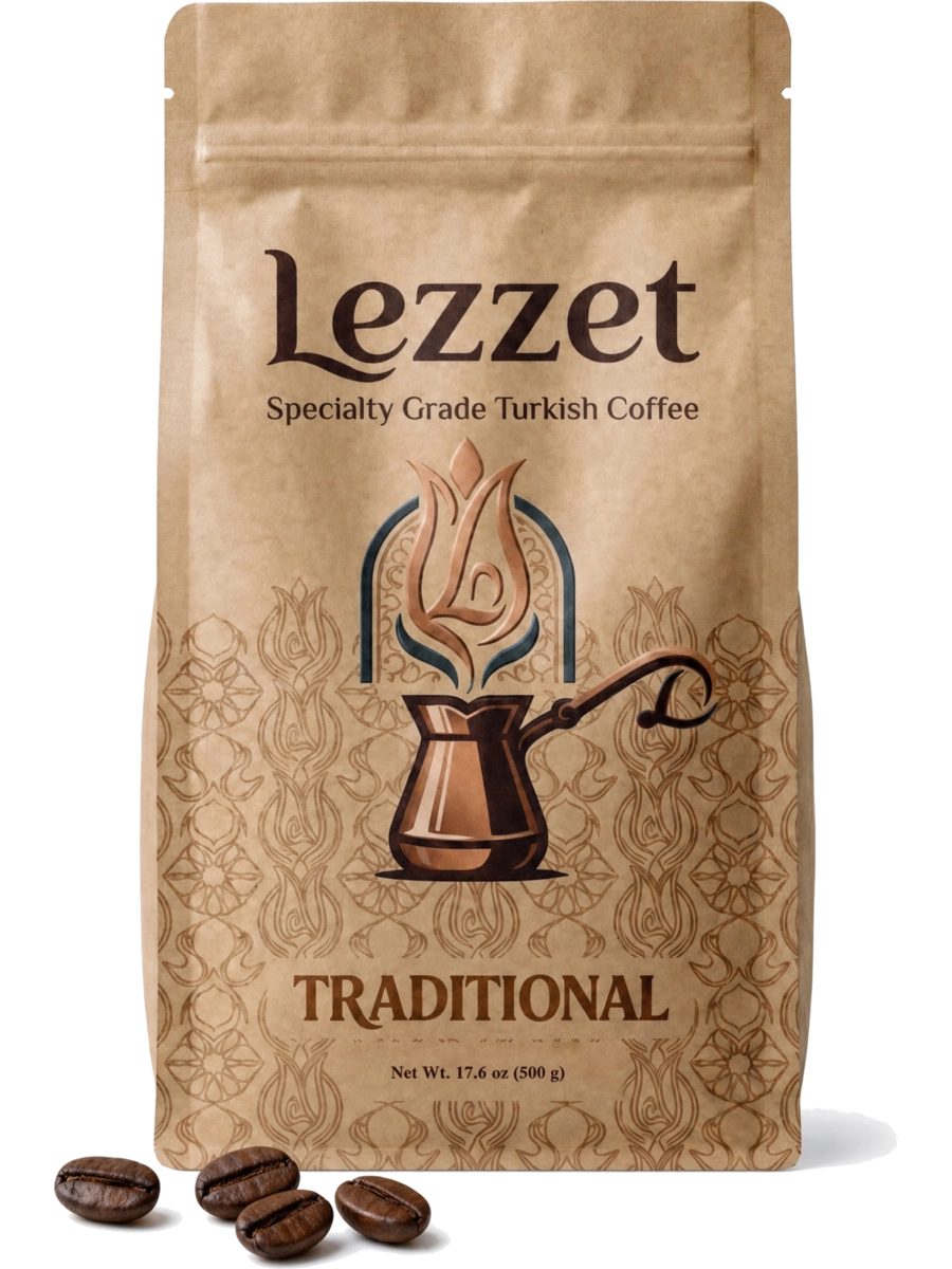 Lezzet Whole Bean Traditional Coffee bag with whole coffee beans on a white background