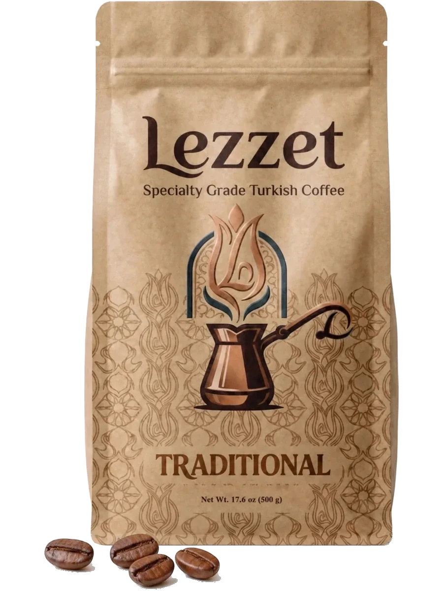 Lezzet Whole Bean Traditional Coffee bag with whole coffee beans on a white background