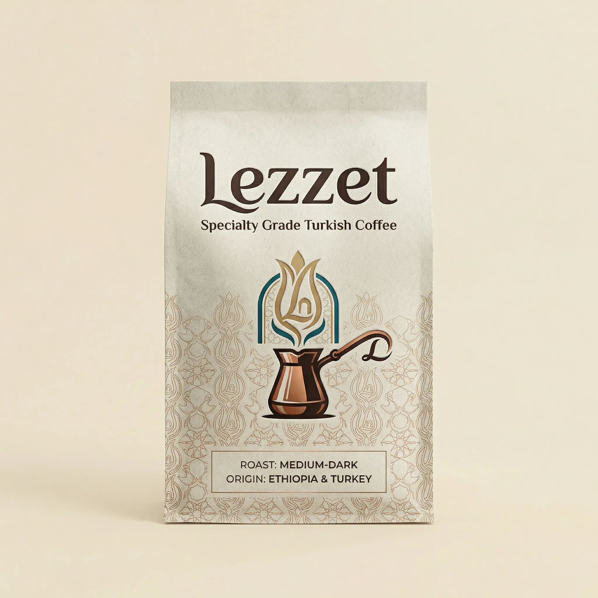 Front of a resealable Lezzet Turkish coffee bag