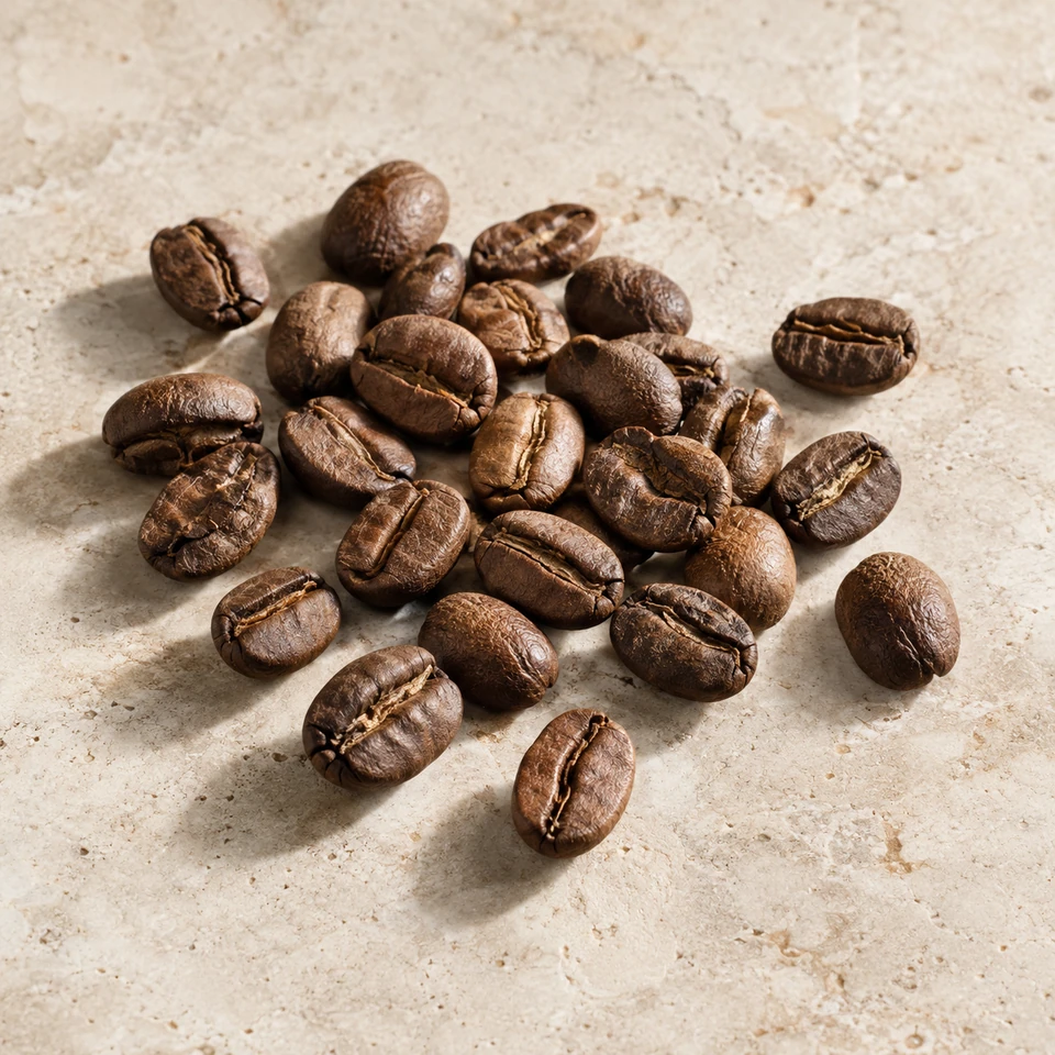 Roasted arabica beans showing their natural texture and curved seams on warm limestone