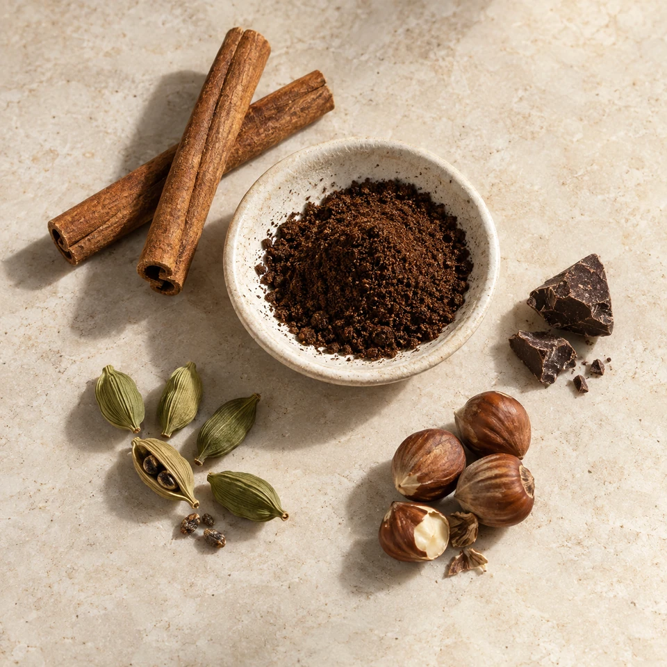 Cardamom pods, cinnamon sticks, nuts and cacao arranged around a small dish of coffee