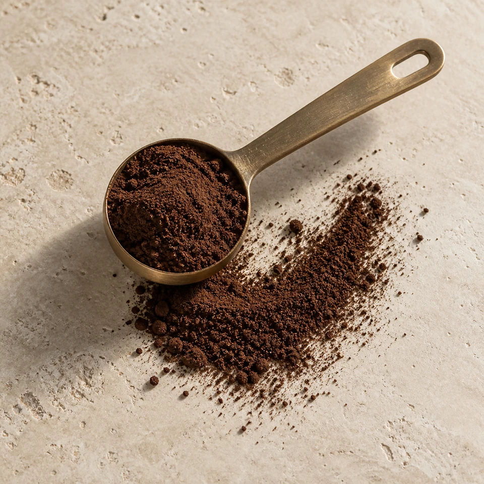 Fine Turkish coffee powder in a brass spoon, with a soft sweep of grounds on stone