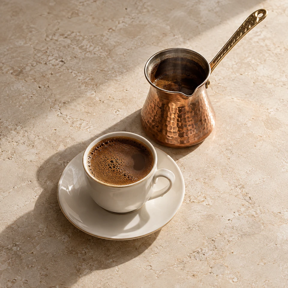 Copper cezve beside a small ivory cup of foamy Turkish coffee on warm stone