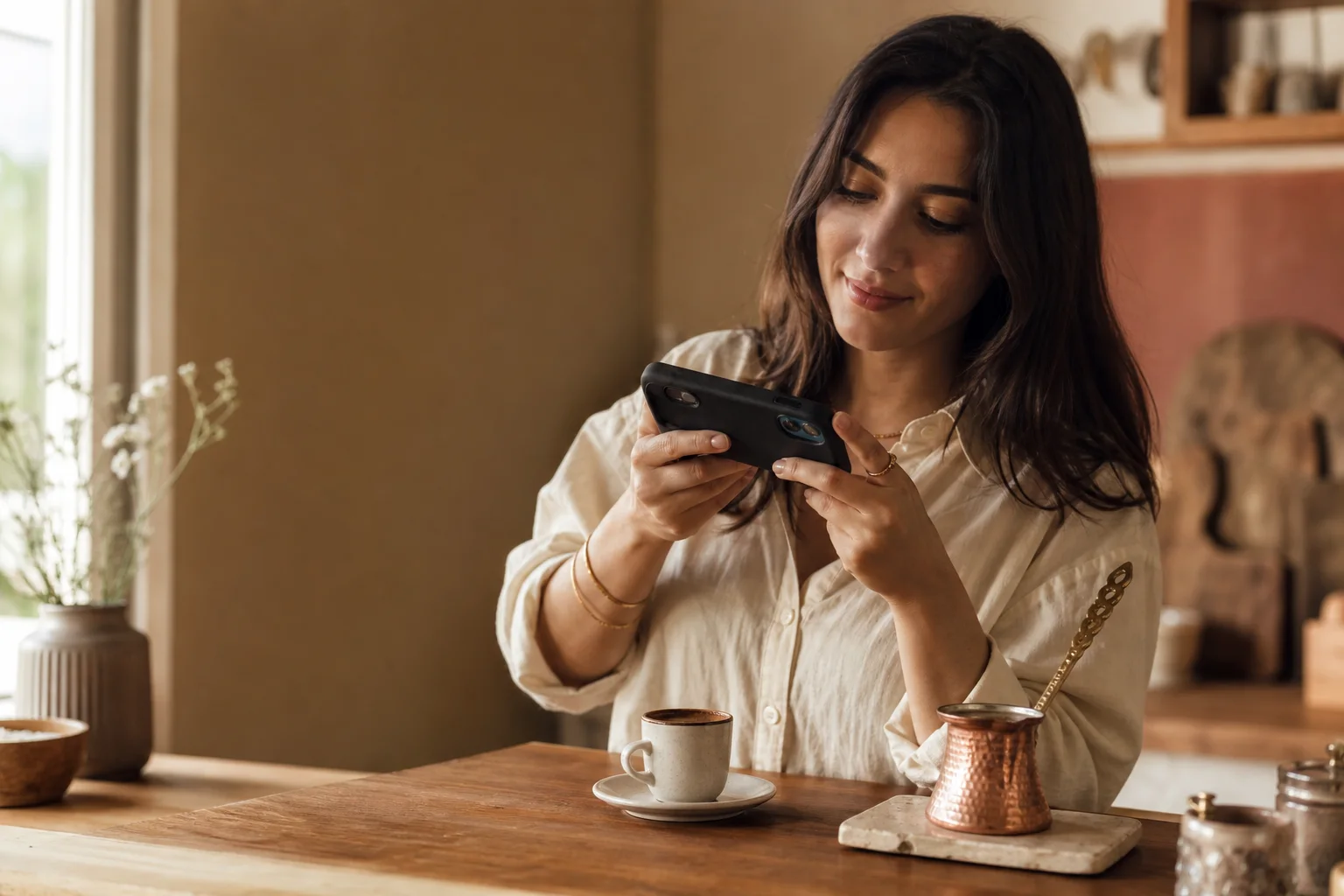 A creator photographing Turkish coffee in a warm kitchen.