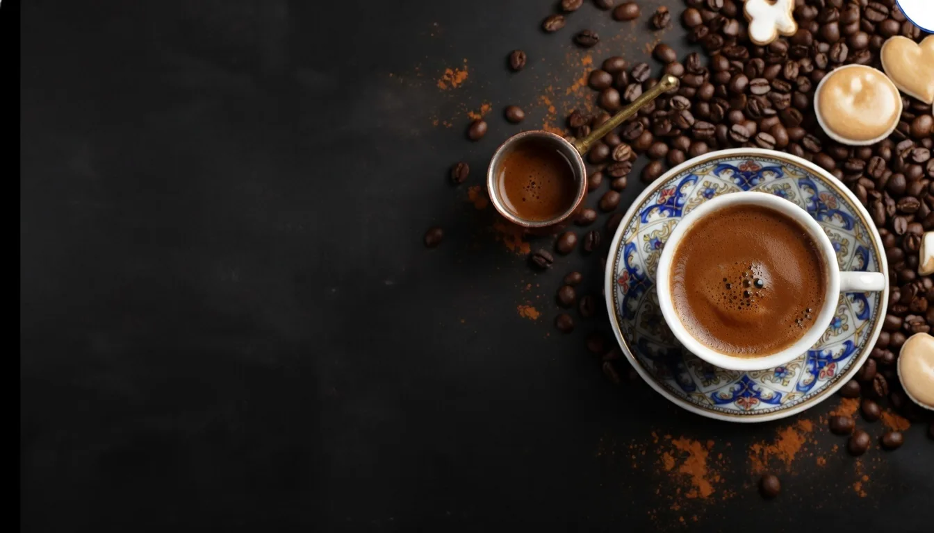 Turkish coffee served beside a cezve and coffee beans