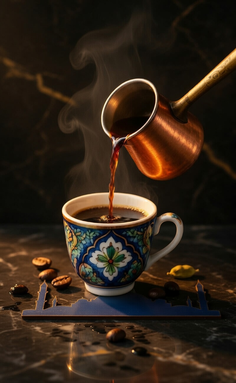 Turkish coffee poured from a copper cezve