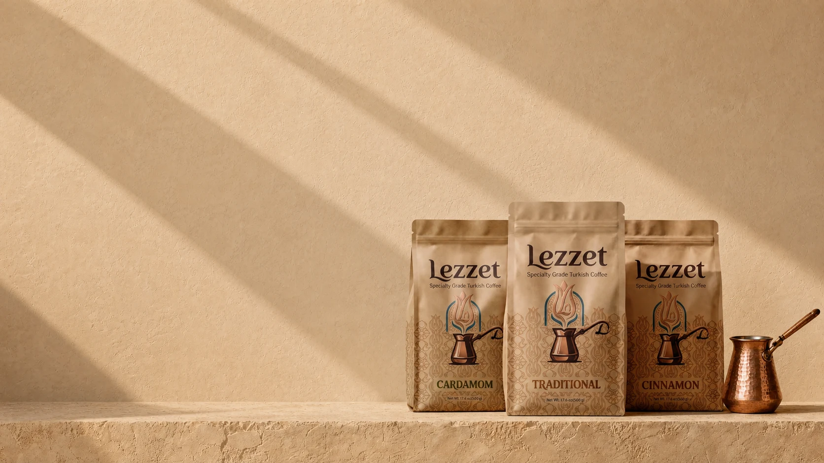 Lezzet Cardamom, Traditional and Cinnamon Turkish coffee bags beside a copper cezve on sunlit plaster