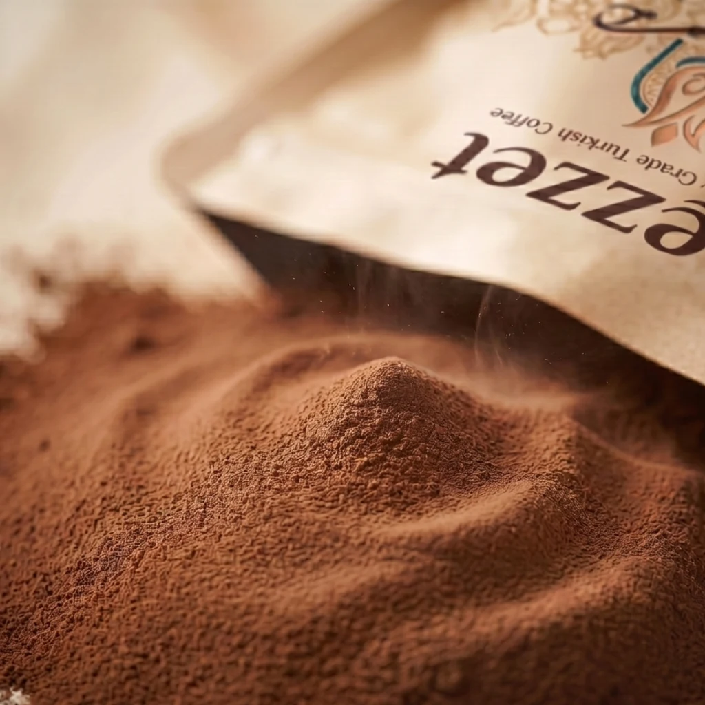 Lezzet powder-fine Turkish coffee grind poured from a bag