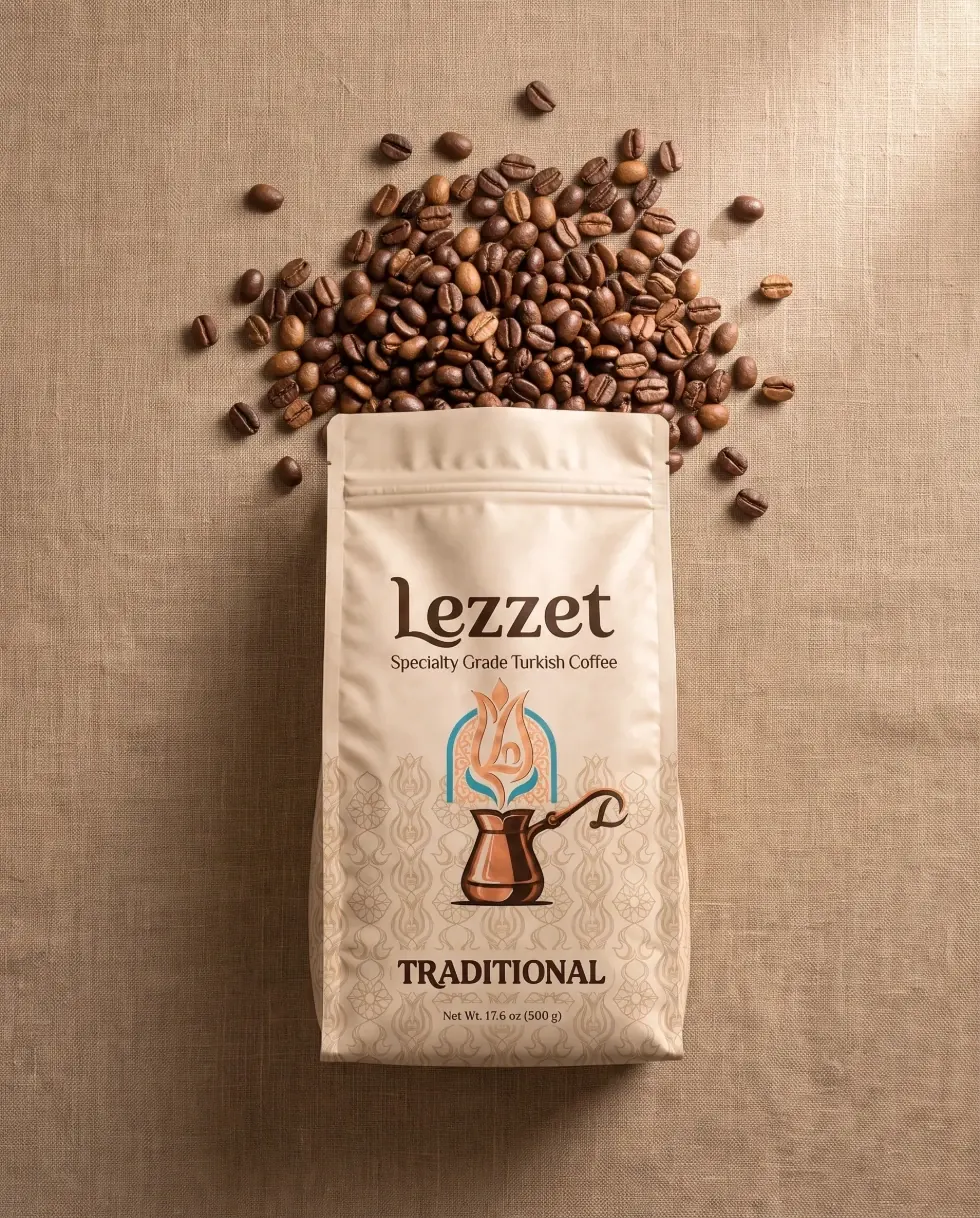 Lezzet Traditional whole-bean coffee bag on warm linen with roasted beans above