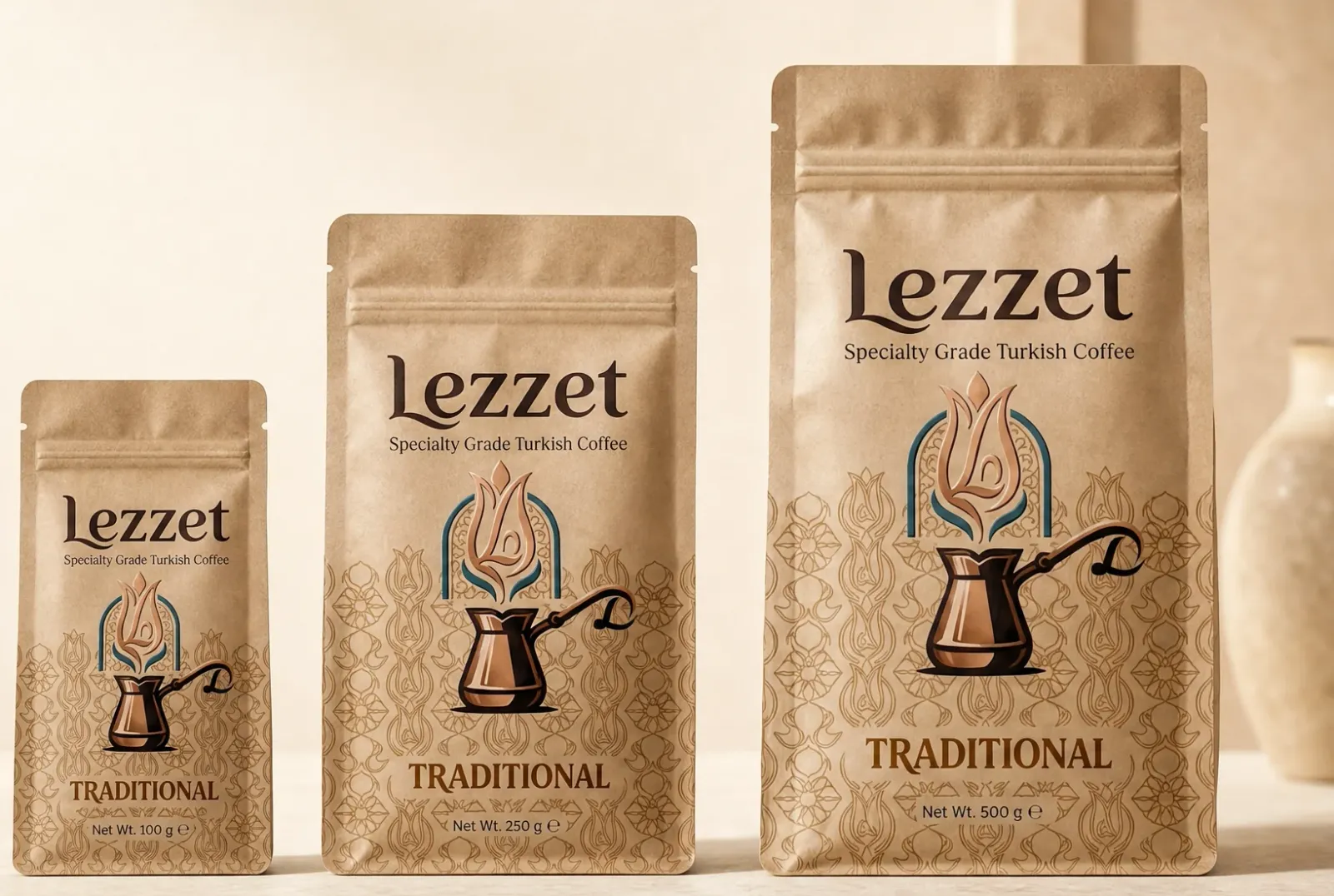 Lezzet Turkish coffee bags in three sizes