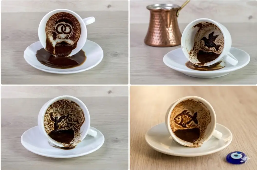 Turkish coffee cup flipped for fortune reading with grounds pattern visible