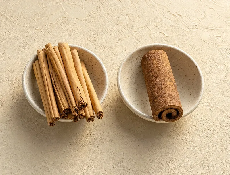 Organic cinnamon sticks and a rolled cinnamon quill in two stoneware bowls