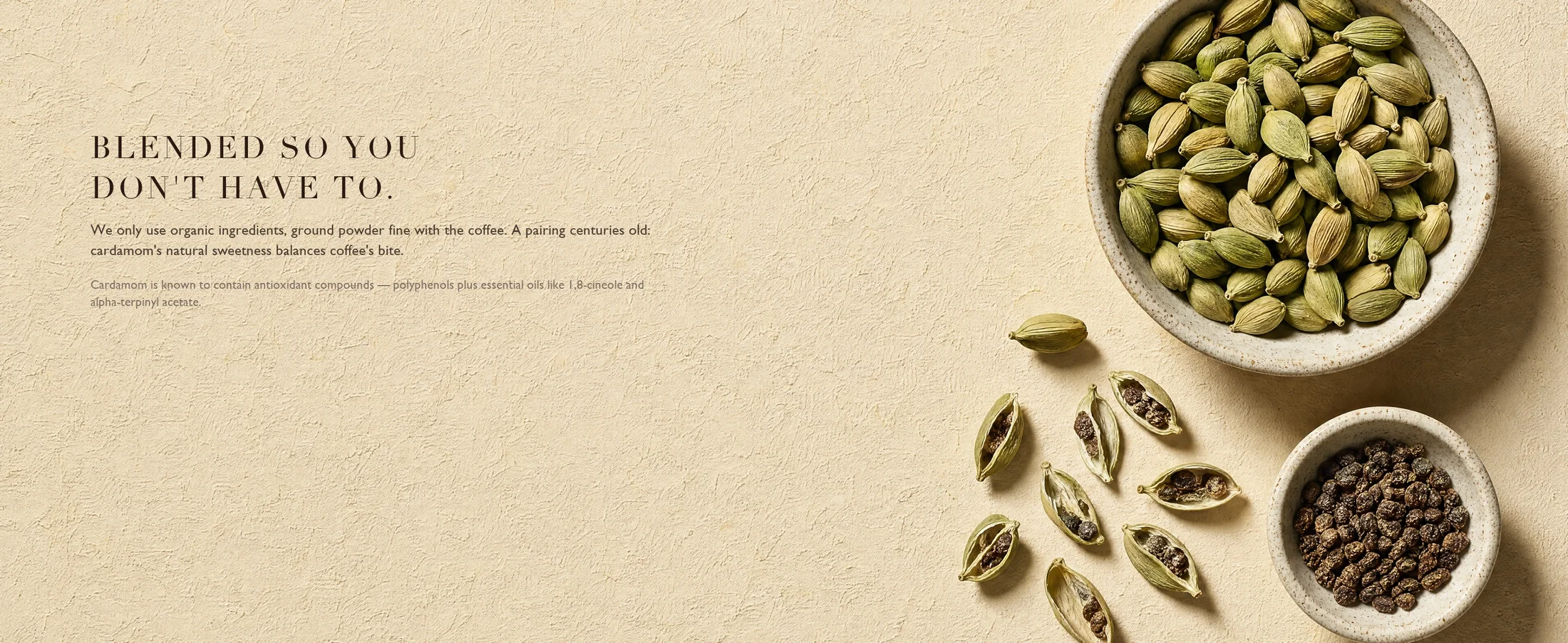Green cardamom pods and seeds with an explanation of how Lezzet blends organic cardamom into its coffee