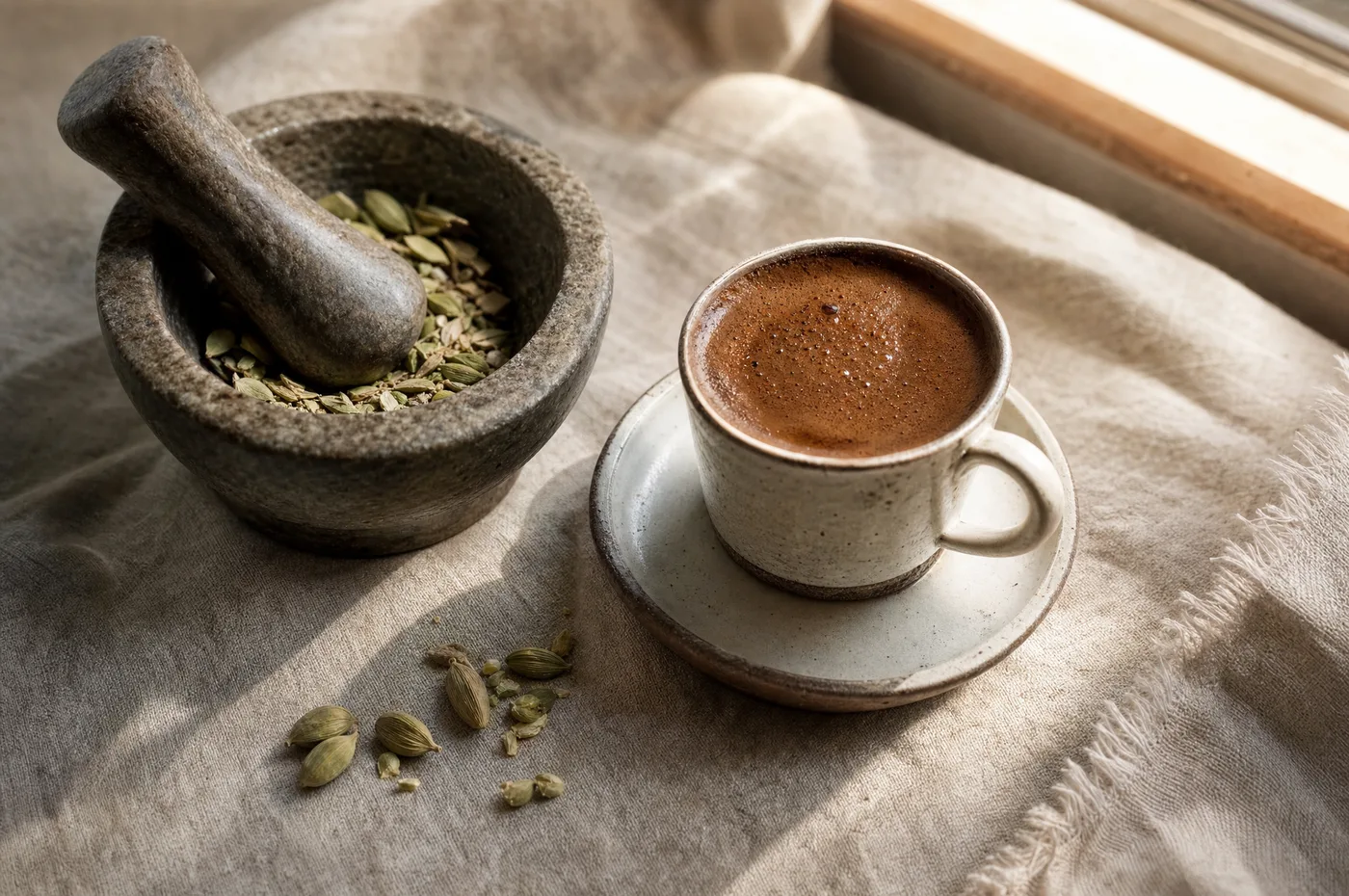 A small cup of cardamom coffee on linen beside a stone mortar of crushed cardamom pods