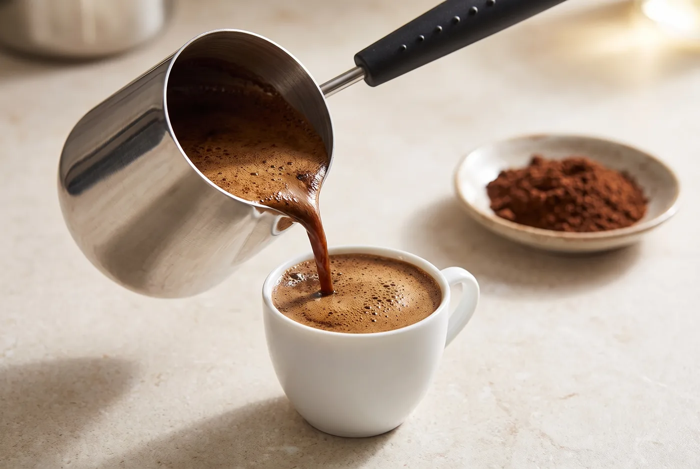 The 12 oz Lezzet stainless steel cezve pouring Turkish coffee with foam into a small white cup