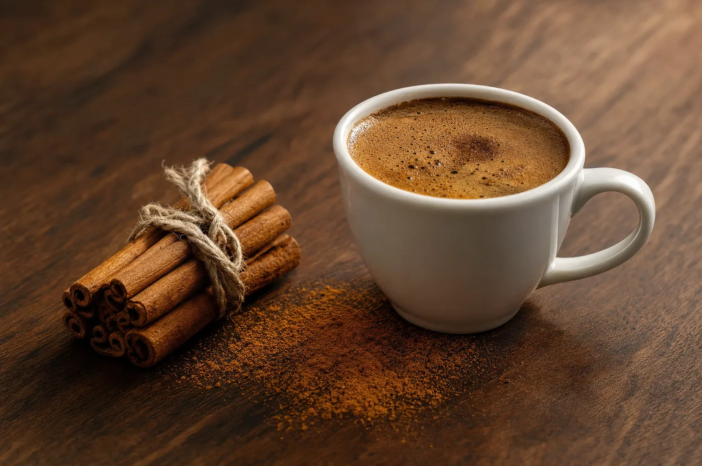 A small cup of cinnamon coffee on dark wood beside a bundle of cinnamon sticks and a dusting of ground cinnamon