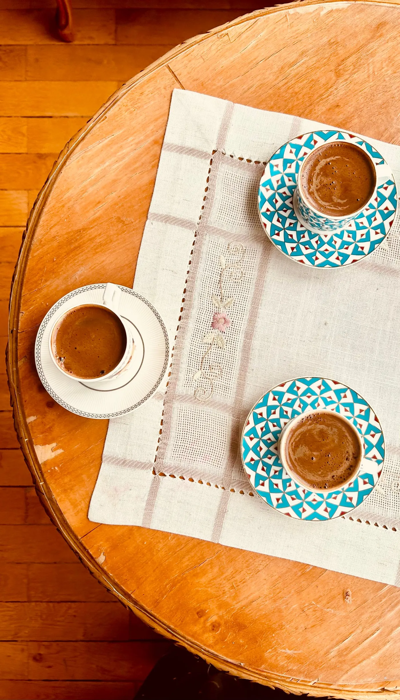 Two cups of Turkish coffee seen from above on a wooden table
