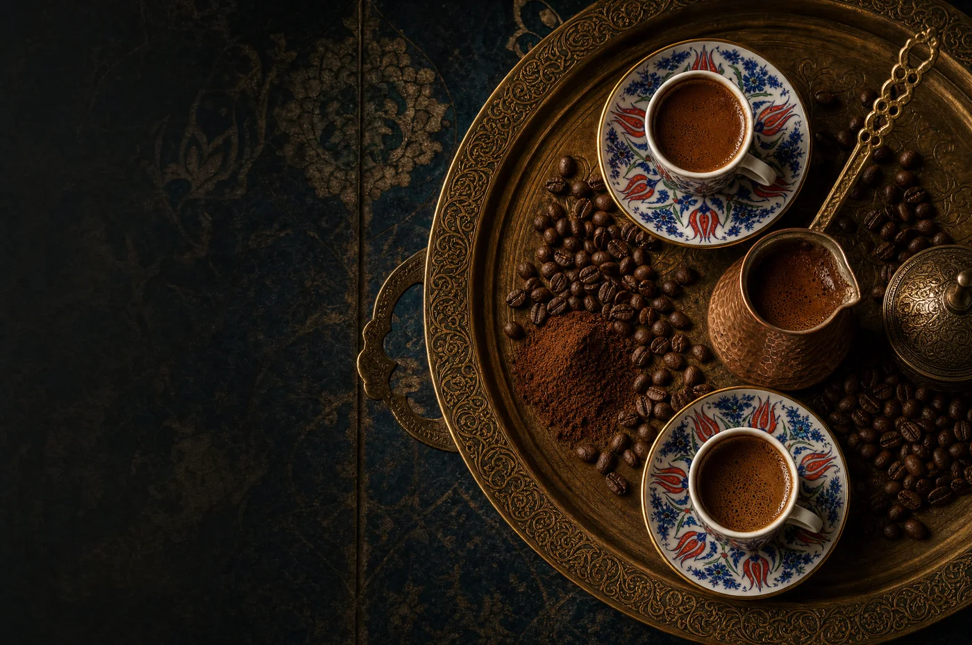 Two Turkish coffee cups on an ornate tray with scattered beans