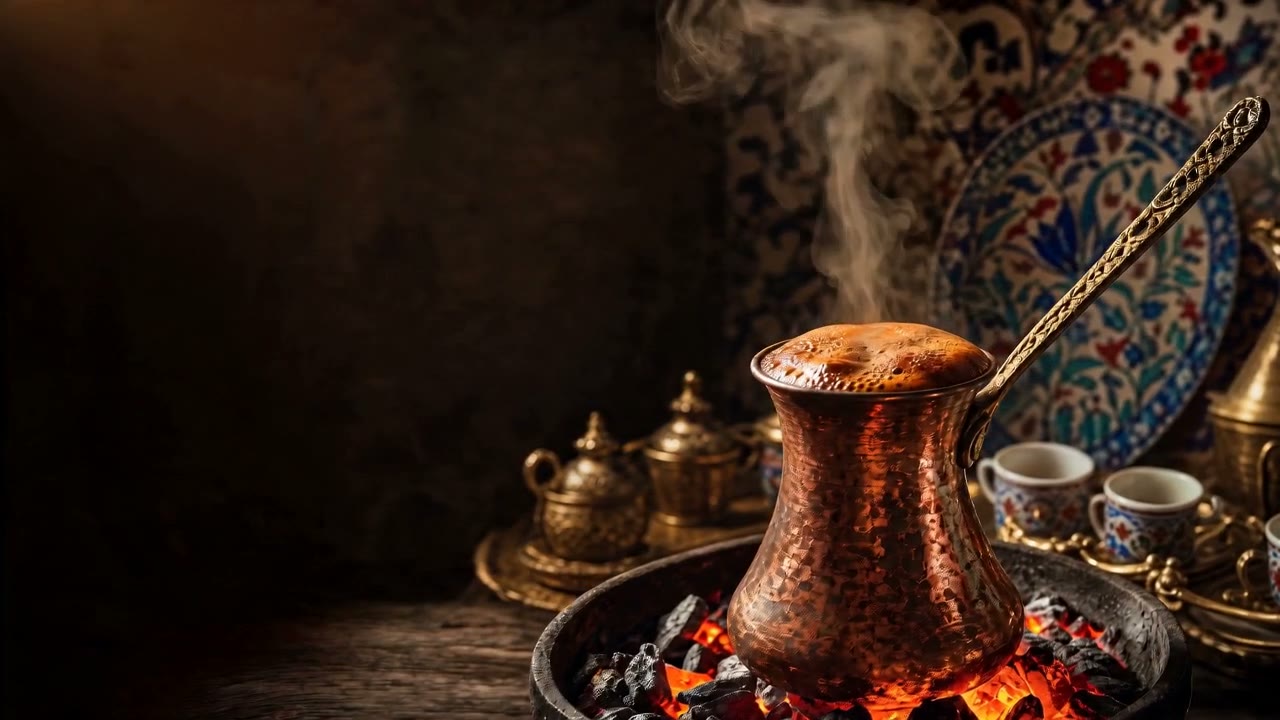 Foaming Turkish coffee served from a copper cezve