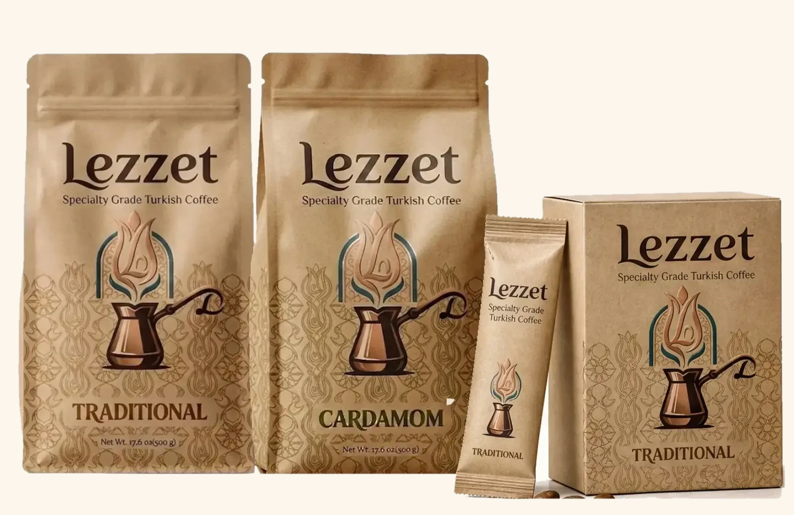 Lezzet Traditional and Cardamom bags beside a single-serve box